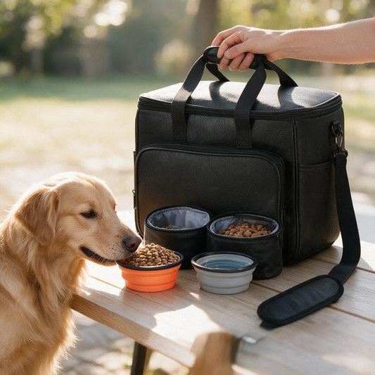 Lasaviin Dog Travel Bag Leather Travel Pet Bag Set for Dog and Cat Airline Approved Tote Organizer with Multi-Function Pockets 2 Food Storage Containers 2 Collapsible Bowls Weekend Bag Luggage