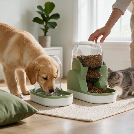 kathson Automatic Dog Cat Feeder and Water Dispenser Set 1 Gallon Gravity Food Feeder and Waterer Big Capacity Pets Feeder for Small Medium Pets(Green)