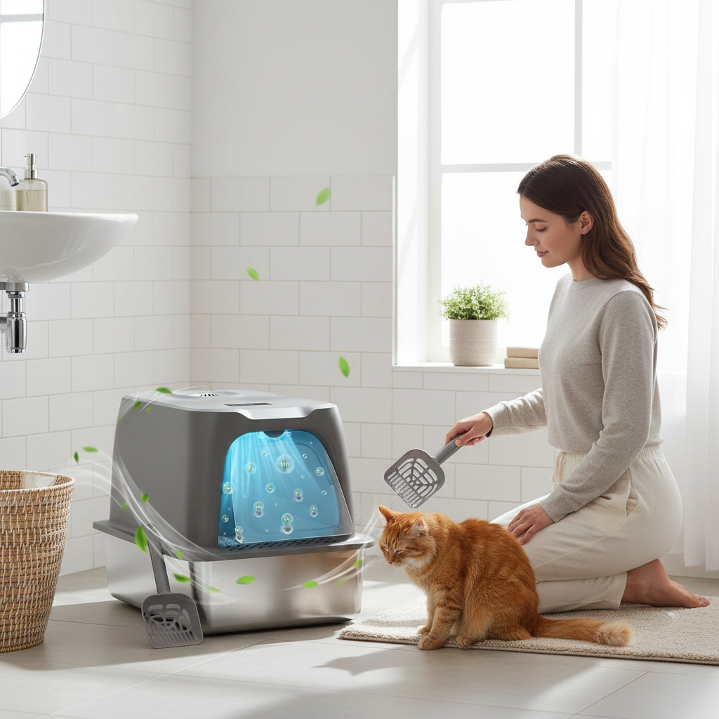 Enclosed Stainless Steel Litter Box Extra Large Covered Cat Litter Box for Big Cats Metal Litter Box with Lid Easy to Clean Anti-Urine Leakage