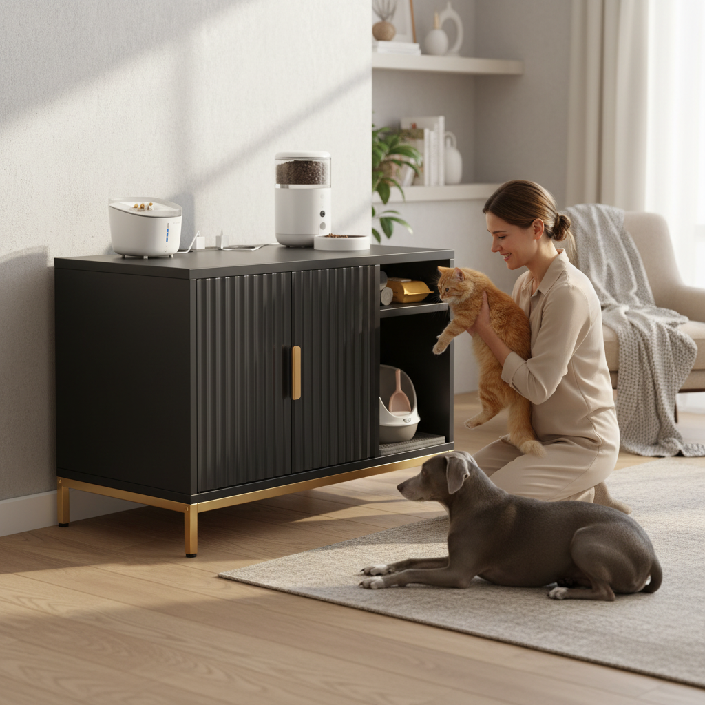 Bestier Large Cat Litter Box Enclosure Modern Hidden Litter Box Furniture with Charging Station Glossy Fluted Indoor Litter Box Cabinet with Litter Mat for 20"x19"x16" Litter Box
