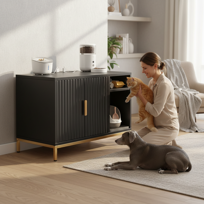 Bestier Large Cat Litter Box Enclosure Modern Hidden Litter Box Furniture with Charging Station Glossy Fluted Indoor Litter Box Cabinet with Litter Mat for 20"x19"x16" Litter Box