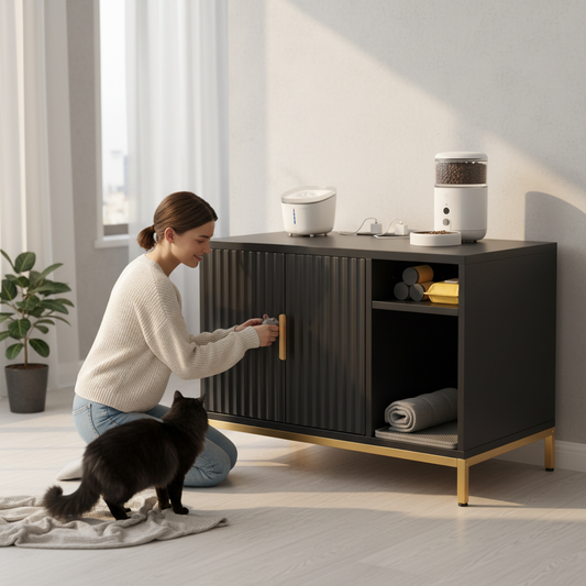 Bestier Large Cat Litter Box Enclosure Modern Hidden Litter Box Furniture with Charging Station Glossy Fluted Indoor Litter Box Cabinet with Litter Mat for 20"x19"x16" Litter Box