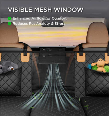 philozoic waterproof dog car back seat cover with a visible mesh window and quilted black storage pockets