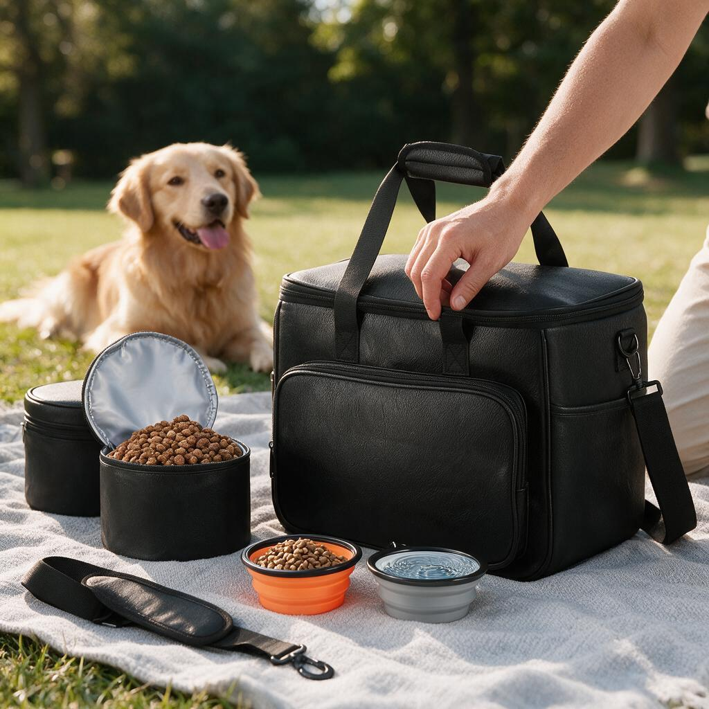 Lasaviin Dog Travel Bag Leather Travel Pet Bag Set for Dog and Cat Airline Approved Tote Organizer with Multi-Function Pockets 2 Food Storage Containers 2 Collapsible Bowls Weekend Bag Luggage