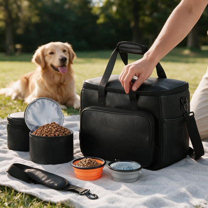 Lasaviin Dog Travel Bag Leather Travel Pet Bag Set for Dog and Cat Airline Approved Tote Organizer with Multi-Function Pockets 2 Food Storage Containers 2 Collapsible Bowls Weekend Bag Luggage