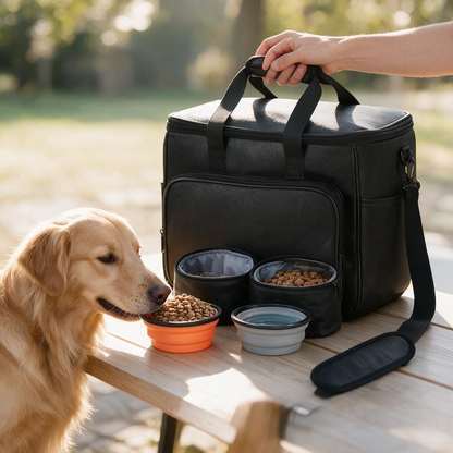 Lasaviin Dog Travel Bag Leather Travel Pet Bag Set for Dog and Cat Airline Approved Tote Organizer with Multi-Function Pockets 2 Food Storage Containers 2 Collapsible Bowls Weekend Bag Luggage