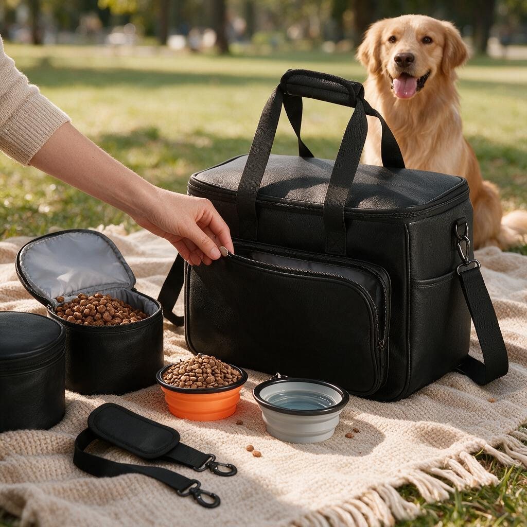 Lasaviin Dog Travel Bag Leather Travel Pet Bag Set for Dog and Cat Airline Approved Tote Organizer with Multi-Function Pockets 2 Food Storage Containers 2 Collapsible Bowls Weekend Bag Luggage