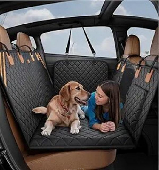 philozoic waterproof dog car back seat cover with quilted black fabric and non-slip base in a vehicle
