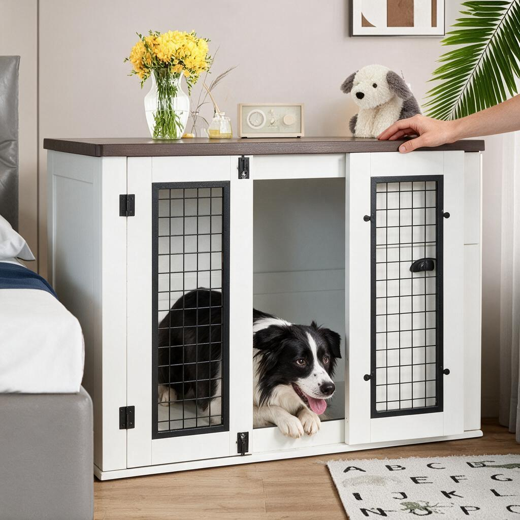 Furniture Style Dog Cage, Wooden Dog Cage, Double Door Dog Cage, Side Cabinet Dog Cage, Dog Crate