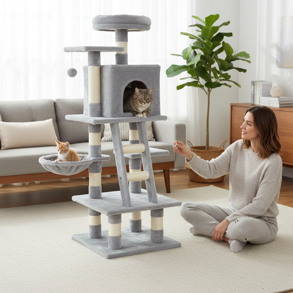 PawHut 132cm Cat Tree with Scratching Post - Grey
