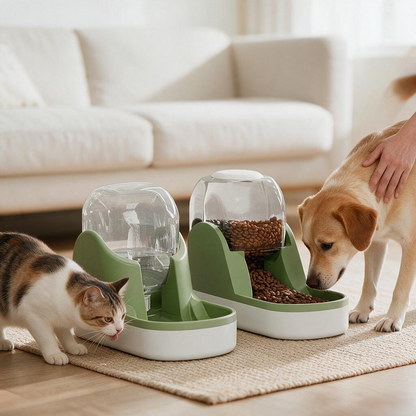 kathson Automatic Dog Cat Feeder and Water Dispenser Set 1 Gallon Gravity Food Feeder and Waterer Big Capacity Pets Feeder for Small Medium Pets（Green）