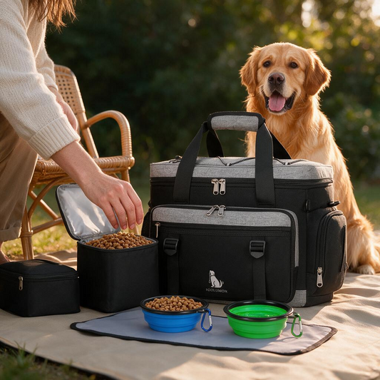 IGOLUMON Dog Travel Bag Large Pet Travel Bags Set for Supplies Weekend Dog Travel Kit Tote Organizer Multi-Pockets Dog Food Travel Bag with 2 Extra Large Food Containers 2 Dog Bowls 1 Feeding Mat