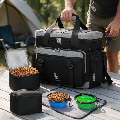 IGOLUMON Dog Travel Bag Large Pet Travel Bags Set for Supplies Weekend Dog Travel Kit Tote Organizer Multi-Pockets Dog Food Travel Bag with 2 Extra Large Food Containers 2 Dog Bowls 1 Feeding Mat