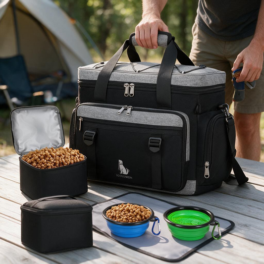 IGOLUMON Dog Travel Bag Large Pet Travel Bags Set for Supplies Weekend Dog Travel Kit Tote Organizer Multi-Pockets Dog Food Travel Bag with 2 Extra Large Food Containers 2 Dog Bowls 1 Feeding Mat