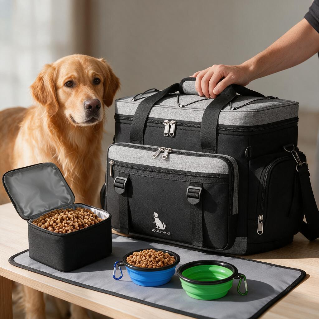 IGOLUMON Dog Travel Bag Large Pet Travel Bags Set for Supplies Weekend Dog Travel Kit Tote Organizer Multi-Pockets Dog Food Travel Bag with 2 Extra Large Food Containers 2 Dog Bowls 1 Feeding Mat