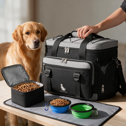IGOLUMON Dog Travel Bag Large Pet Travel Bags Set for Supplies Weekend Dog Travel Kit Tote Organizer Multi-Pockets Dog Food Travel Bag with 2 Extra Large Food Containers 2 Dog Bowls 1 Feeding Mat