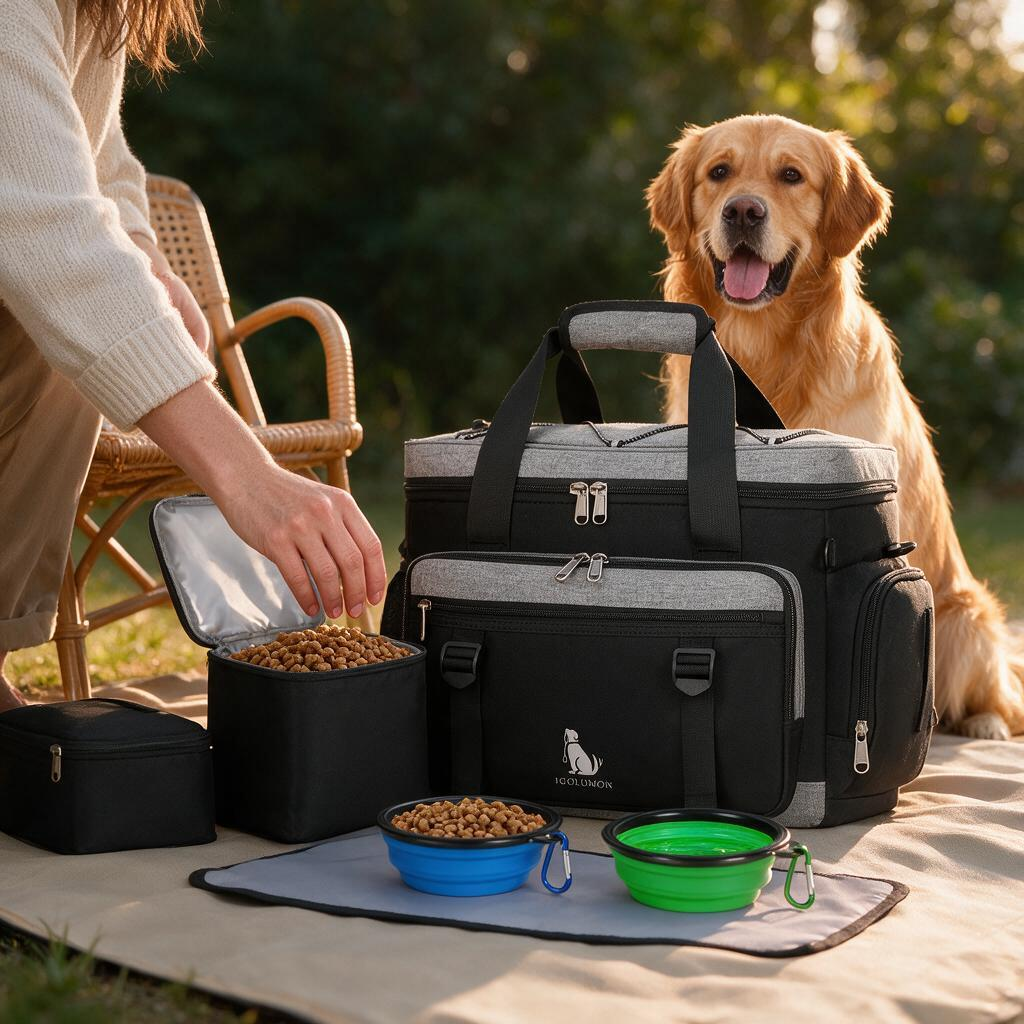 IGOLUMON Dog Travel Bag Large Pet Travel Bags Set for Supplies Weekend Dog Travel Kit Tote Organizer Multi-Pockets Dog Food Travel Bag with 2 Extra Large Food Containers 2 Dog Bowls 1 Feeding Mat