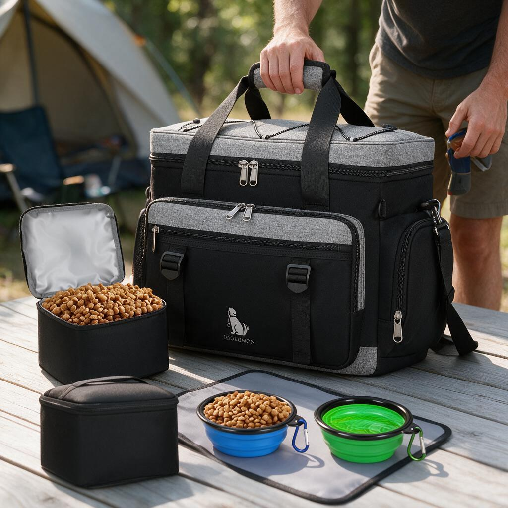 IGOLUMON Dog Travel Bag Large Pet Travel Bags Set for Supplies Weekend Dog Travel Kit Tote Organizer Multi-Pockets Dog Food Travel Bag with 2 Extra Large Food Containers 2 Dog Bowls 1 Feeding Mat
