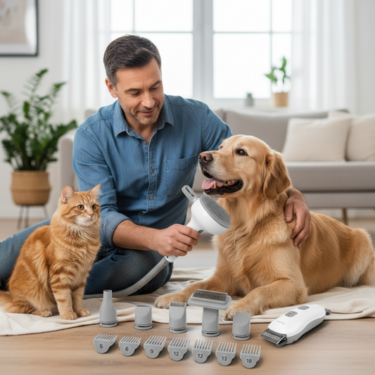 philozoic pet grooming kit with suction brush and electric clippers, used by a man on a golden retriever with a cat