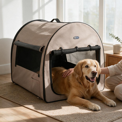 Veehoo Collapsible Dog Crates for Large Dogs - Portable Dog Travel Crate with A Storage Bag Soft Sided Foldable Dog Kennel for Indoor & Outdoor Use 40 * 29 * 29 inch Beige Coffee