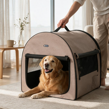 Veehoo Collapsible Dog Crates for Large Dogs - Portable Dog Travel Crate with A Storage Bag Soft Sided Foldable Dog Kennel for Indoor & Outdoor Use 40 * 29 * 29 inch Beige Coffee