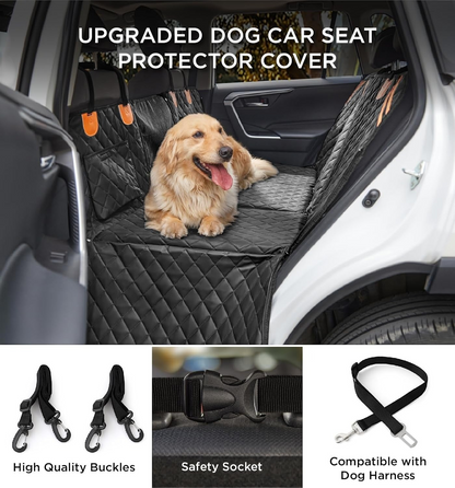 philozoic waterproof black quilted dog car seat cover with non-slip base and safety harness attachments in a vehicle