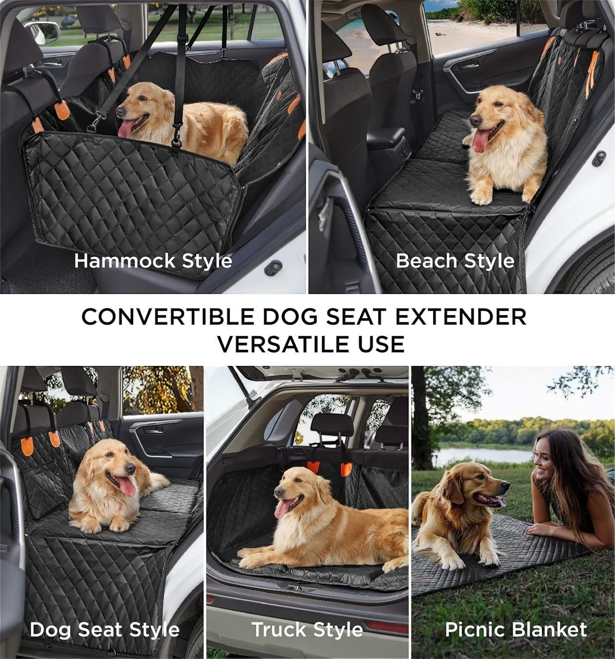 philozoic waterproof dog car back seat cover in black quilted fabric, shown in hammock, bench, and picnic modes.
