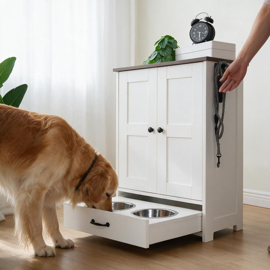 Dog Feeding Station, Dog Food Locker With Hidden Dog Bowl, Adjustable Panel, Hook, Medium Dog, White