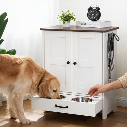 Dog Feeding Station, Dog Food Locker With Hidden Dog Bowl, Adjustable Panel, Hook, Medium Dog, White