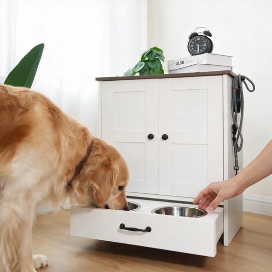 Dog Feeding Station, Dog Food Locker With Hidden Dog Bowl, Adjustable Panel, Hook, Medium Dog, White