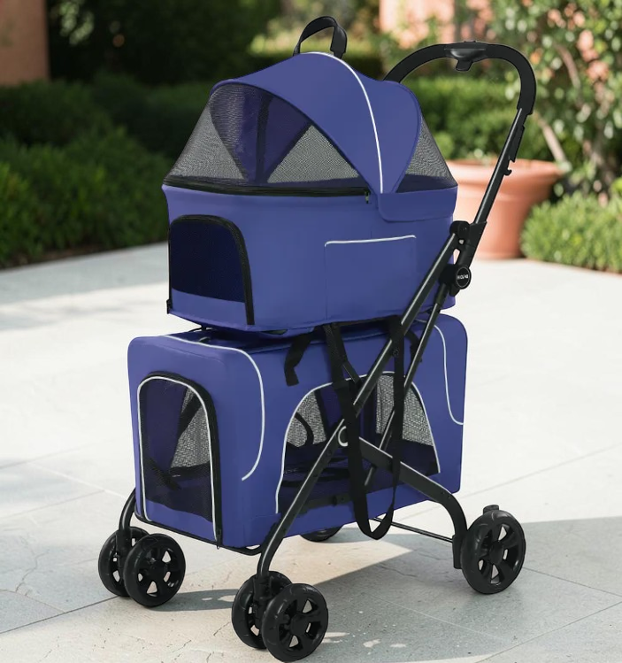 philozoic blue double-decker folding pet stroller with mesh windows for small dogs and cats