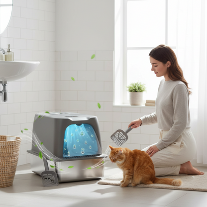 Enclosed Stainless Steel Litter Box Extra Large Covered Cat Litter Box for Big Cats Metal Litter Box with Lid Easy to Clean Anti-Urine Leakage