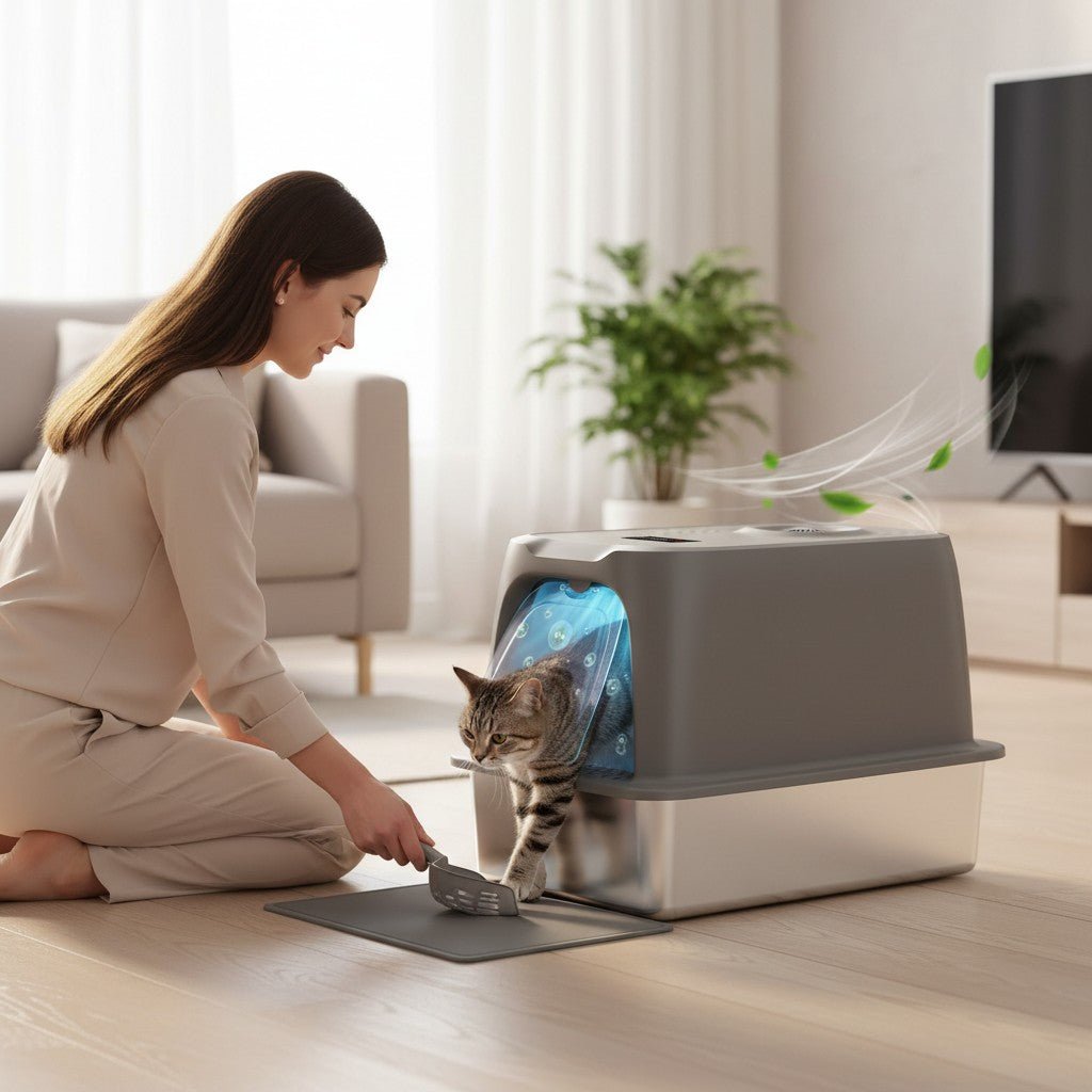 Enclosed Stainless Steel Litter Box Extra Large Covered Cat Litter Box for Big Cats Metal Litter Box with Lid Easy to Clean Anti-Urine Leakage