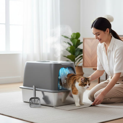 Enclosed Stainless Steel Litter Box Extra Large Covered Cat Litter Box for Big Cats Metal Litter Box with Lid Easy to Clean Anti-Urine Leakage