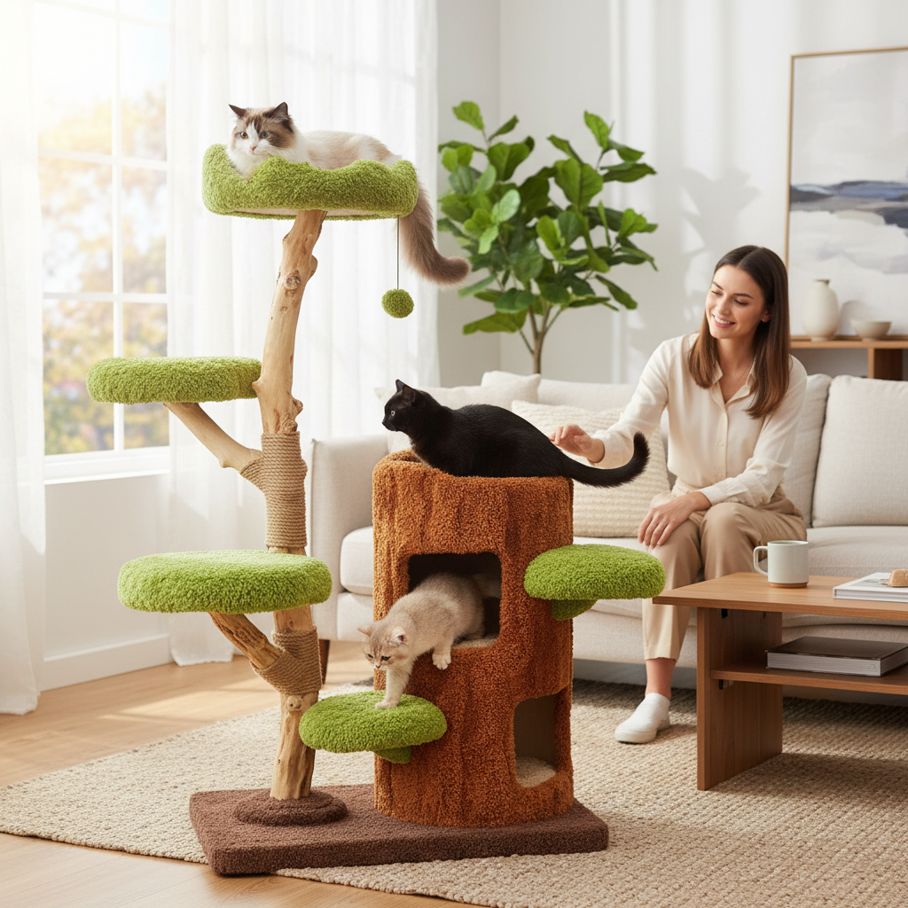 philozoic solid wood cat climbing tree with green platforms, sisal scratching posts, and a cozy brown cat nest