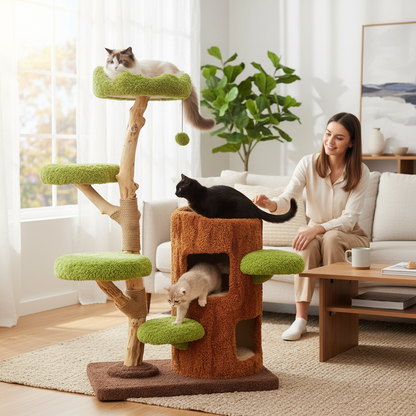 philozoic solid wood cat climbing tree with green platforms, sisal scratching posts, and a cozy brown cat nest
