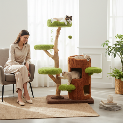 philozoic solid wood cat climbing tree with green platforms, sisal scratching post, and a cozy brown cat nest